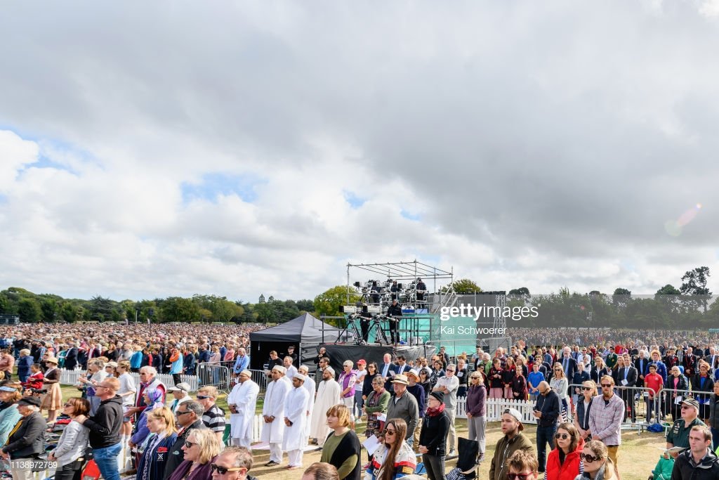 CHRISTCHURCH, NEW ZEALAND - MARCH 29: General view during the National Remembrance Service on March 29, 2019 in Christchurch, New Zealand. 50 people were killed, and dozens were injured in Christchurch on Friday, March 15 when a gunman opened fire at the Al Noor and Linwood mosques. The attack is the worst mass shooting in New Zealand's history. (Photo by Kai Schwoerer/Getty Images)